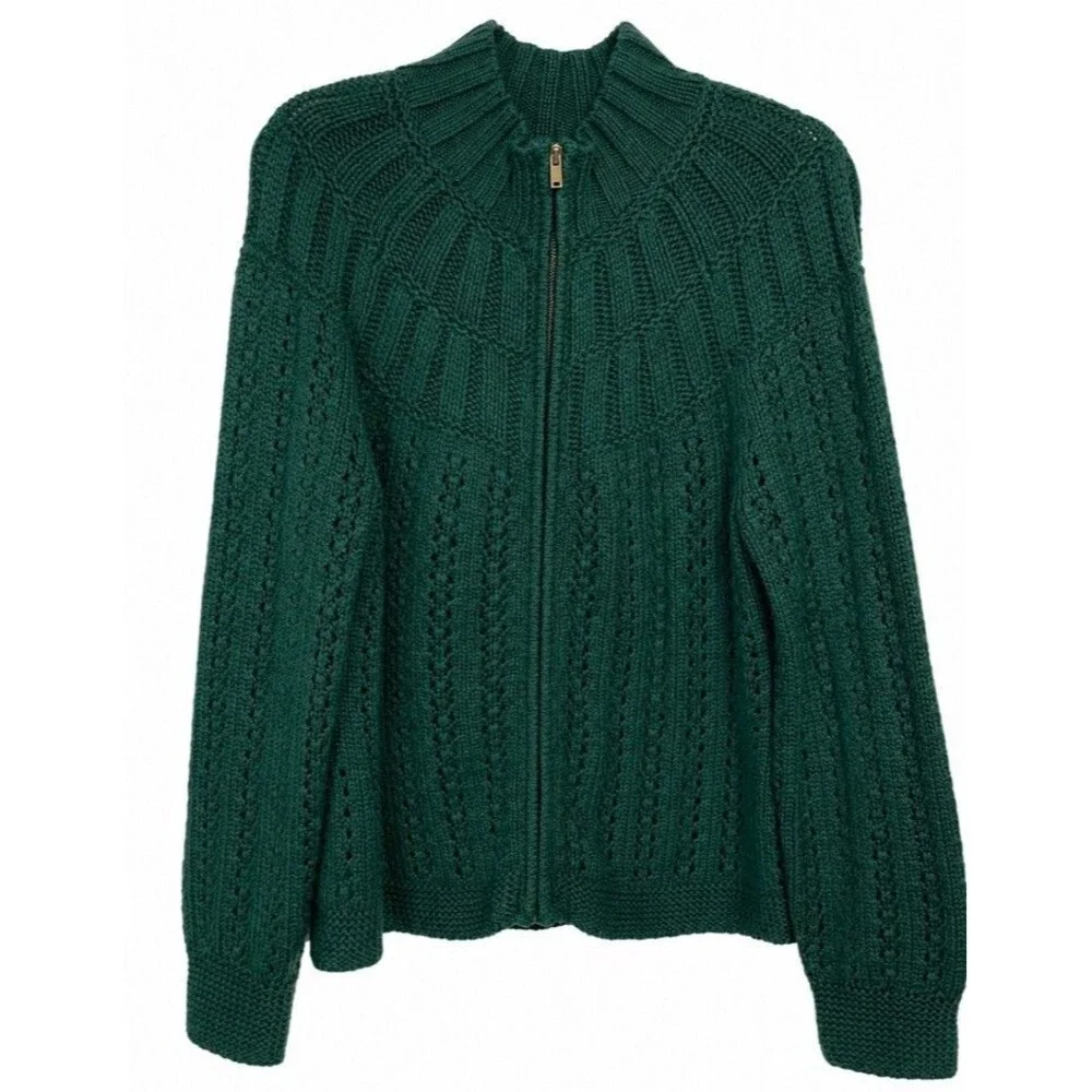 Talbots Women’s L Green Open Knit Full Zip Cardigan Sweater Textured Mock Neck
